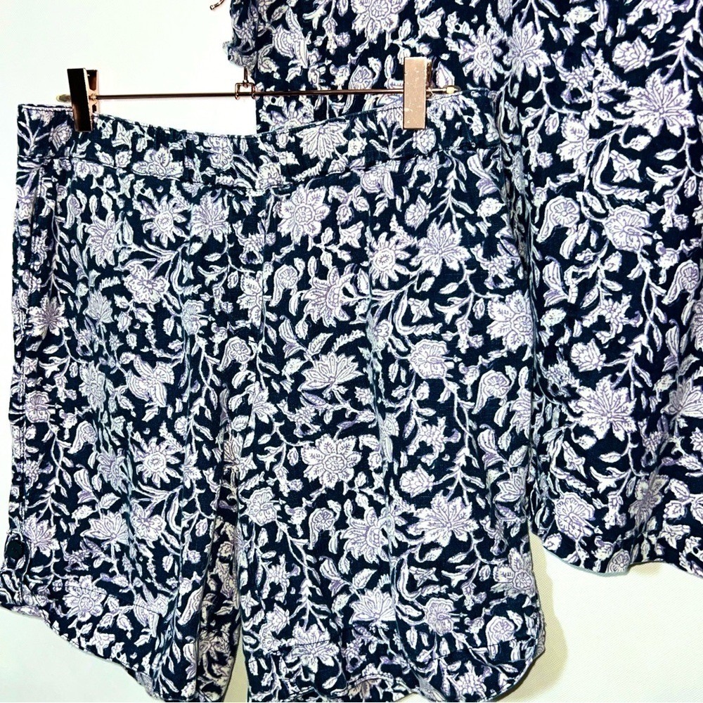Pure Jill Linen 2 pcs Set Blue Floral Pull On Cuffed Shorts Pockets Top Shirt M - Picture 4 of 16
